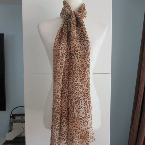 100% Silk Animal Print Scarf Rectangular Sheer Scarf 70" x 17" Brown NWOT - Picture 3 of 7